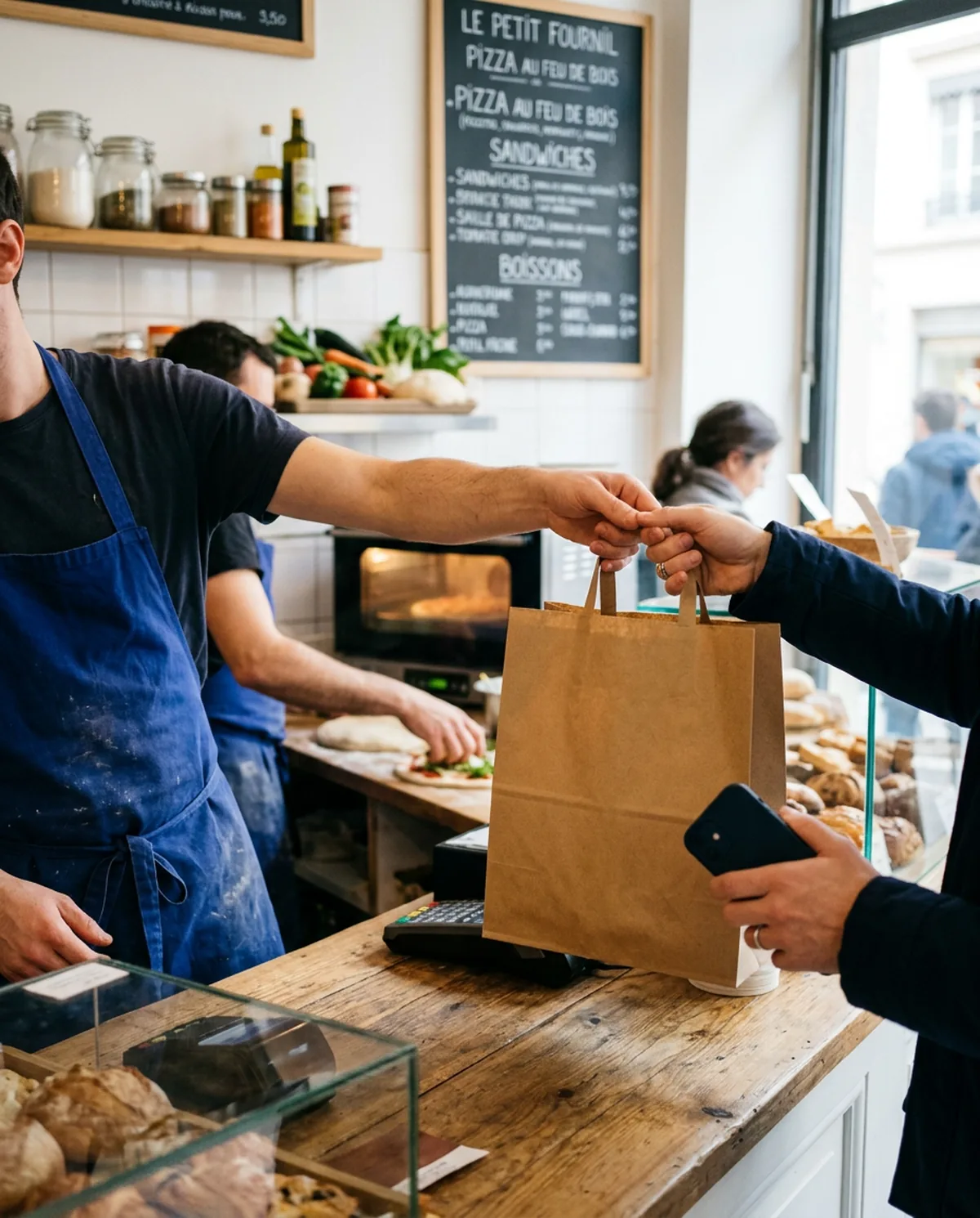 Au comptoir d'un snack, un cuisinier en tablier bleu tend un sac en papier à un client, téléphone à la main